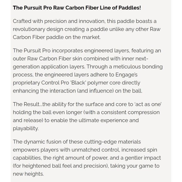 Engage Pursuit Pro EX 15.2mm Pickleball Paddle Raw Carbon Fiber Artic Gold NEW - Picture 3 of 7